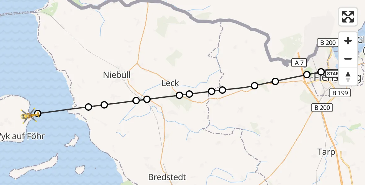 Flugroute Ambulanzhubschrauber Flensburg - Wyk auf Föhr, 13 Juli 2026, 09:10