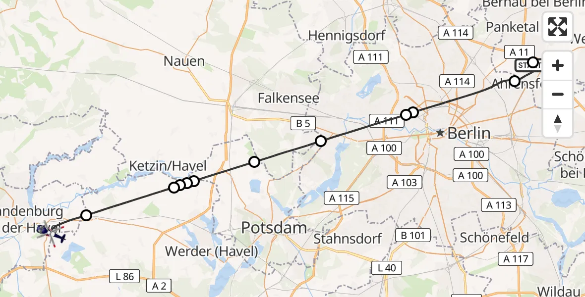Flugroute Polizeihubschrauber Ahrensfelde Hubschrauberlandeplatz - Brandenburg an der Havel, 13 Juli 2026, 09:13