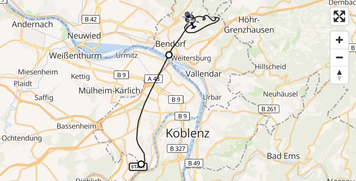 Flugroute Polizeihubschrauber Koblenz-Winningen Flugplatz - Bendorf, 13 Juli 2026, 09:16