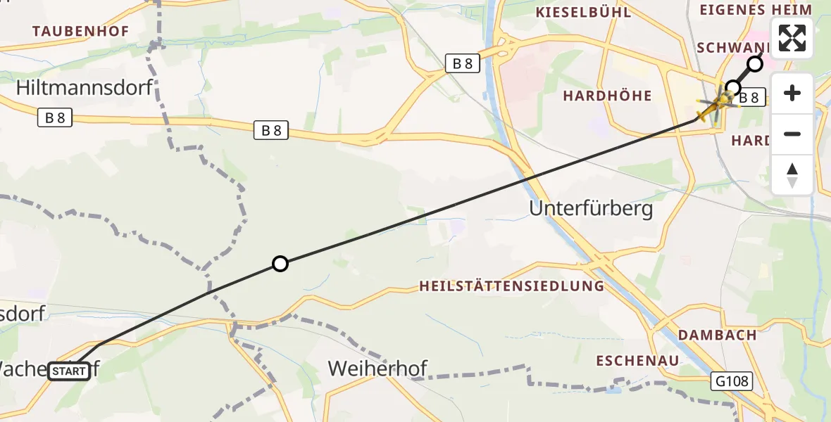 Flugroute Ambulanzhubschrauber Cadolzburg - Fürth, 13 Juli 2026, 09:16