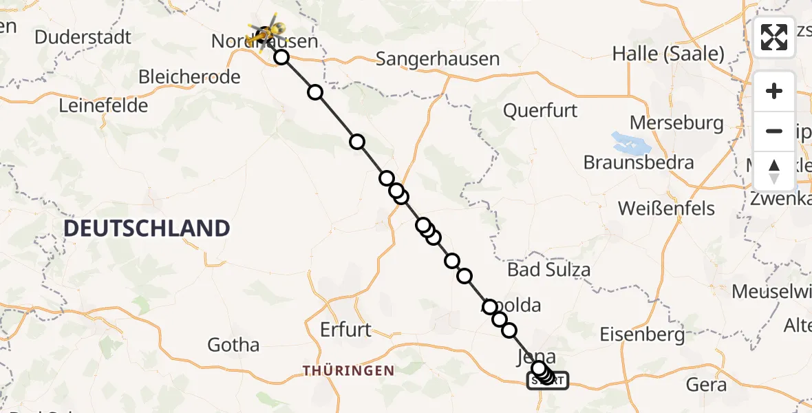 Flugroute Rettungshubschrauber Jena University Hospital - Südharz Hospital Nordhausen, 13 Juli 2026, 09:16