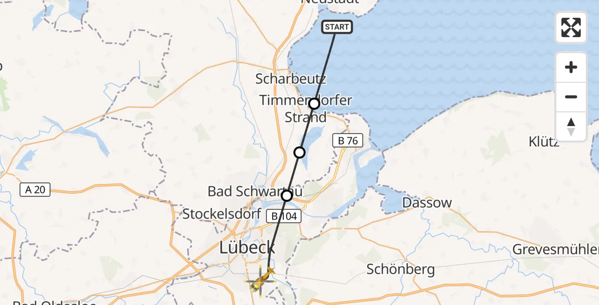 Flugroute Ambulanzhubschrauber Neustadt in Holstein - Lübeck, 13 Juli 2026, 09:17