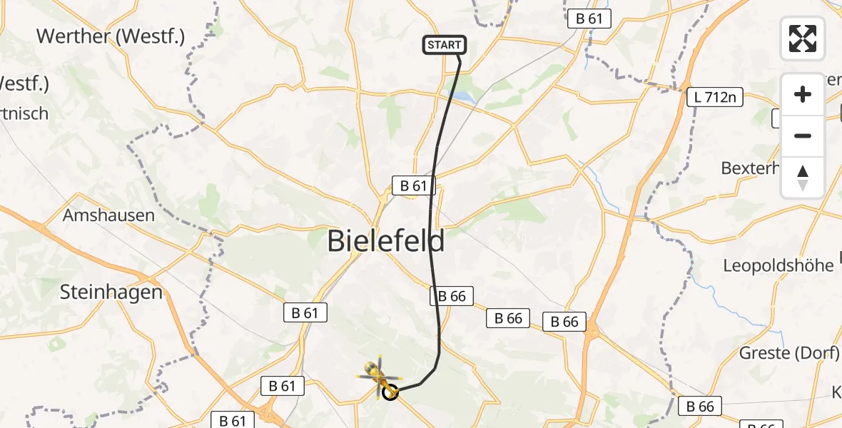 Flugroute Rettungshubschrauber Bielefeld - Luftrettungszentrum Bielefeld, 13 Juli 2026, 09:19