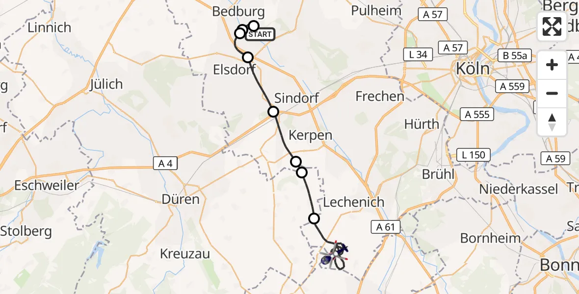 Flugroute Polizeihubschrauber Bergheim Flugplatz - Erftstadt, 13 Juli 2026, 09:19