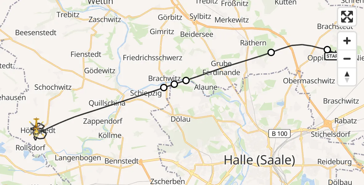 Flugroute Rettungshubschrauber Halle-Oppin Flugplatz - Salzatal, 13 Juli 2026, 09:20