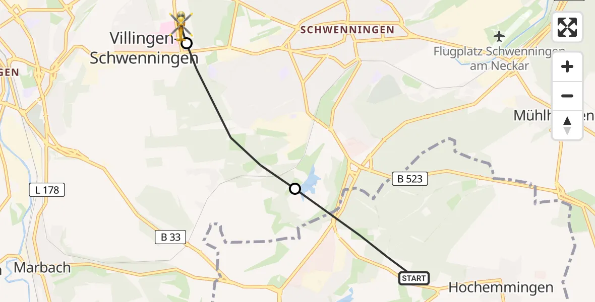 Flugroute Ambulanzhubschrauber Bad Dürrheim - DRF Air Rescue Station Villingen-Schwenningen Hubschrauberlandeplatz (Christoph 11), 13 Juli 2026, 09:24