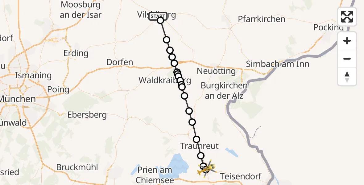 Flugroute Rettungshubschrauber Vilsbiburg - Traunstein Hospital, 13 Juli 2026, 09:25