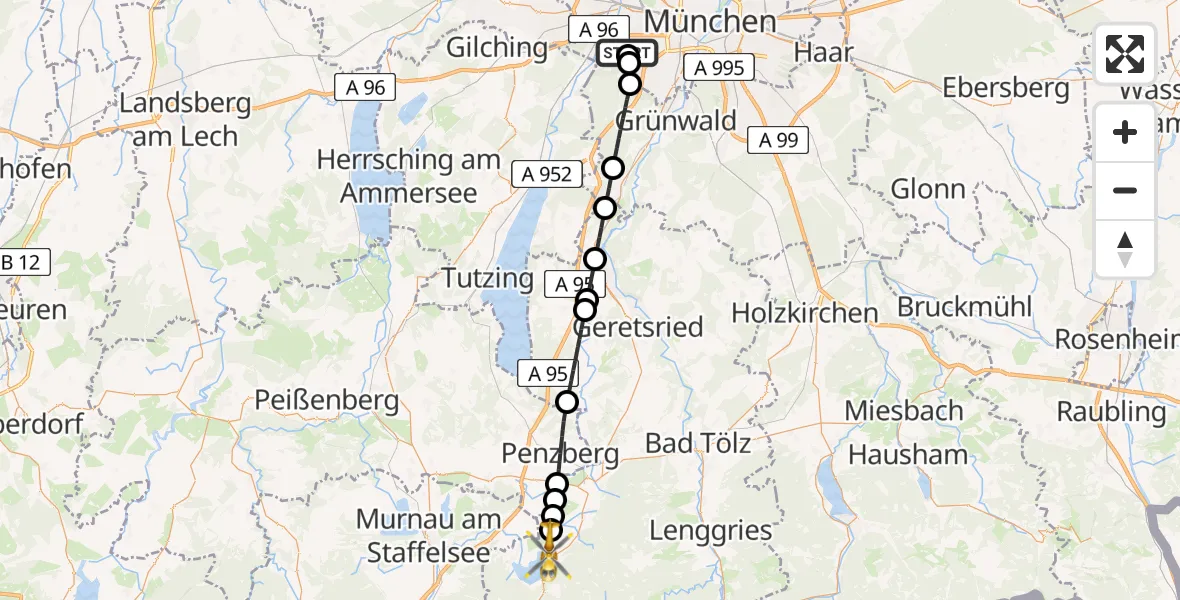 Flugroute Rettungshubschrauber DRF Air Rescue München Hubschrauberlandeplatz - Kochel a.See, 13 Juli 2026, 09:29