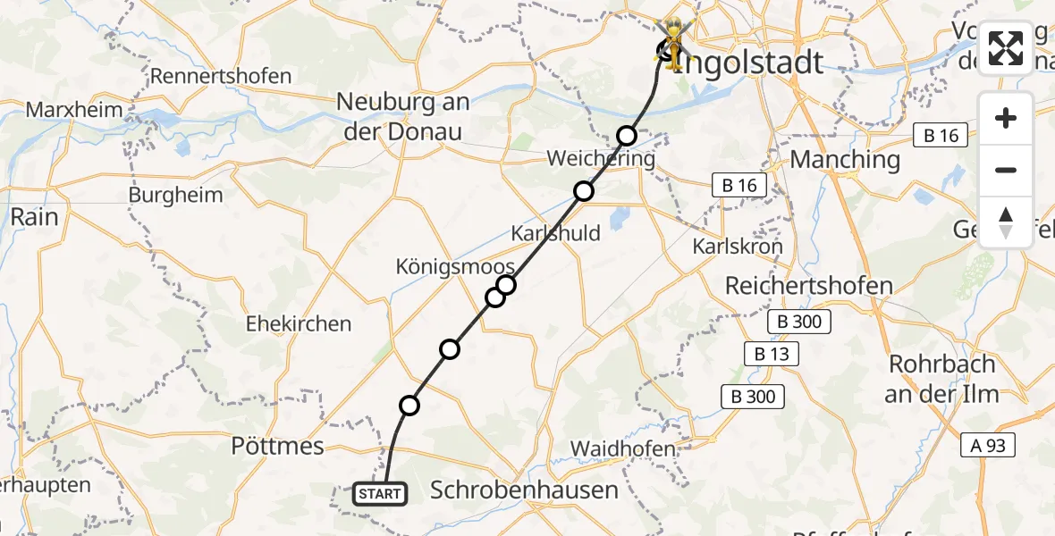 Flugroute Rettungshubschrauber Schrobenhausen - Ingolstadt Hospital, 13 Juli 2026, 09:31