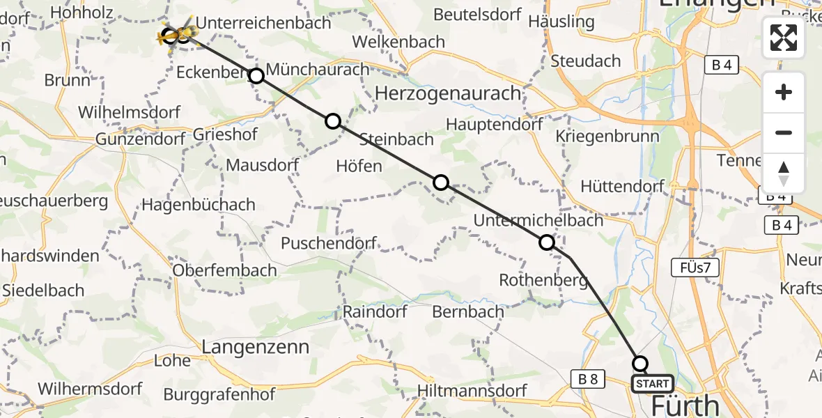 Flugroute Ambulanzhubschrauber Fürth Hospital - Oberreichenbach, 13 Juli 2026, 09:37