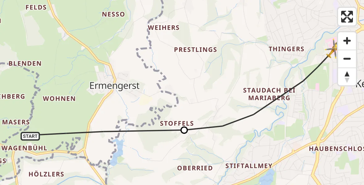 Flugroute Rettungshubschrauber Wiggensbach - Kempten (Allgäu), 13 Juli 2026, 09:40