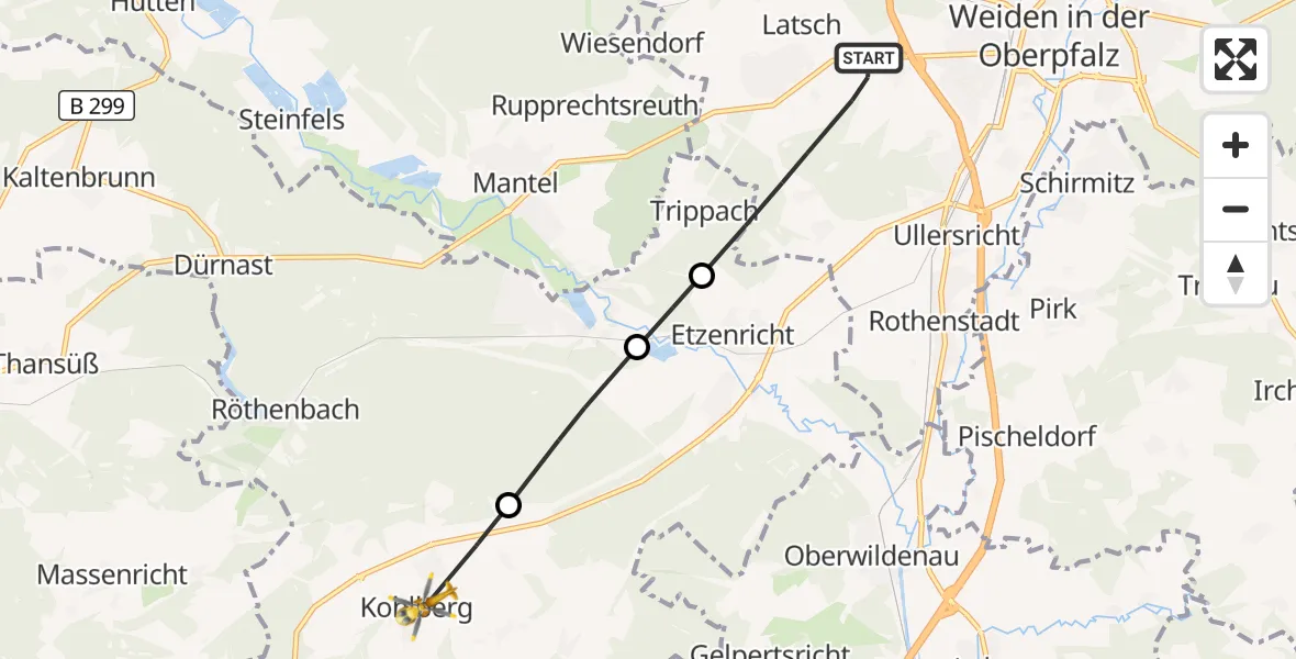 Flugroute Ambulanzhubschrauber Weiden i.d.OPf. - Kohlberg, 13 Juli 2026, 09:41