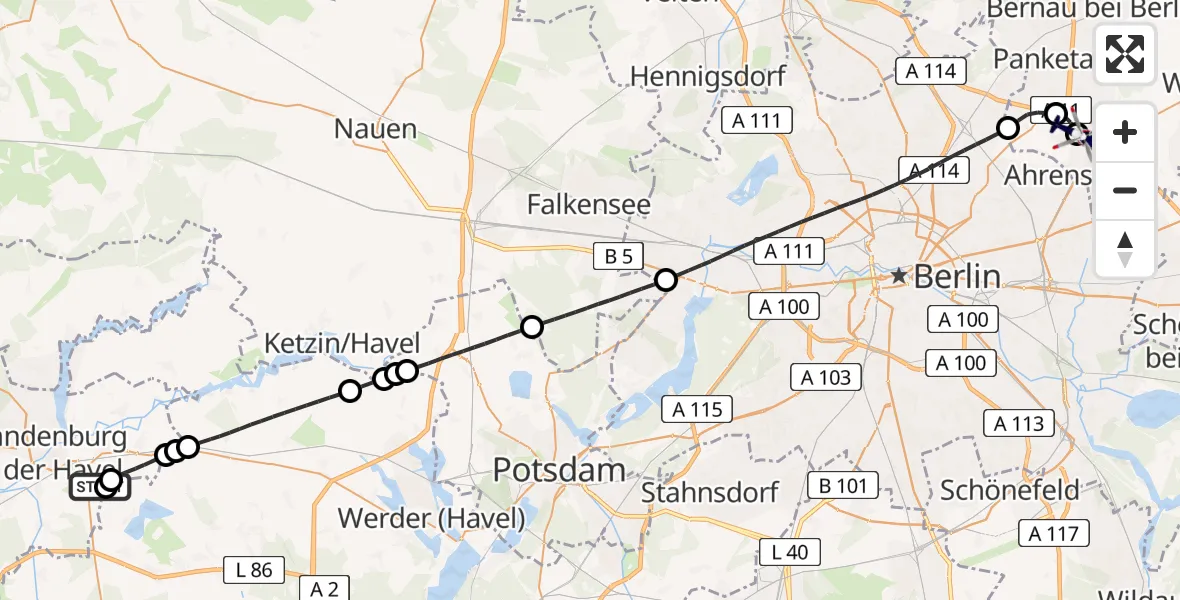 Flugroute Polizeihubschrauber Brandenburg an der Havel - Ahrensfelde Hubschrauberlandeplatz, 13 Juli 2026, 09:41