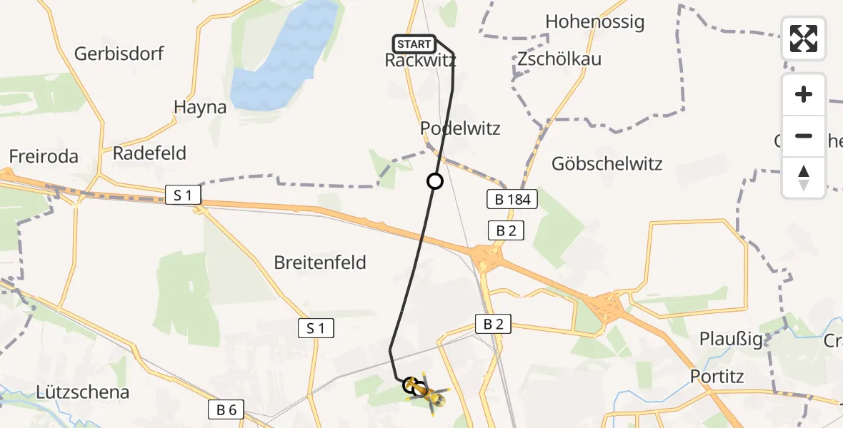 Flugroute Rettungshubschrauber Rackwitz - Sankt Georg Hospital Leipzig Reserve, 13 Juli 2026, 09:44