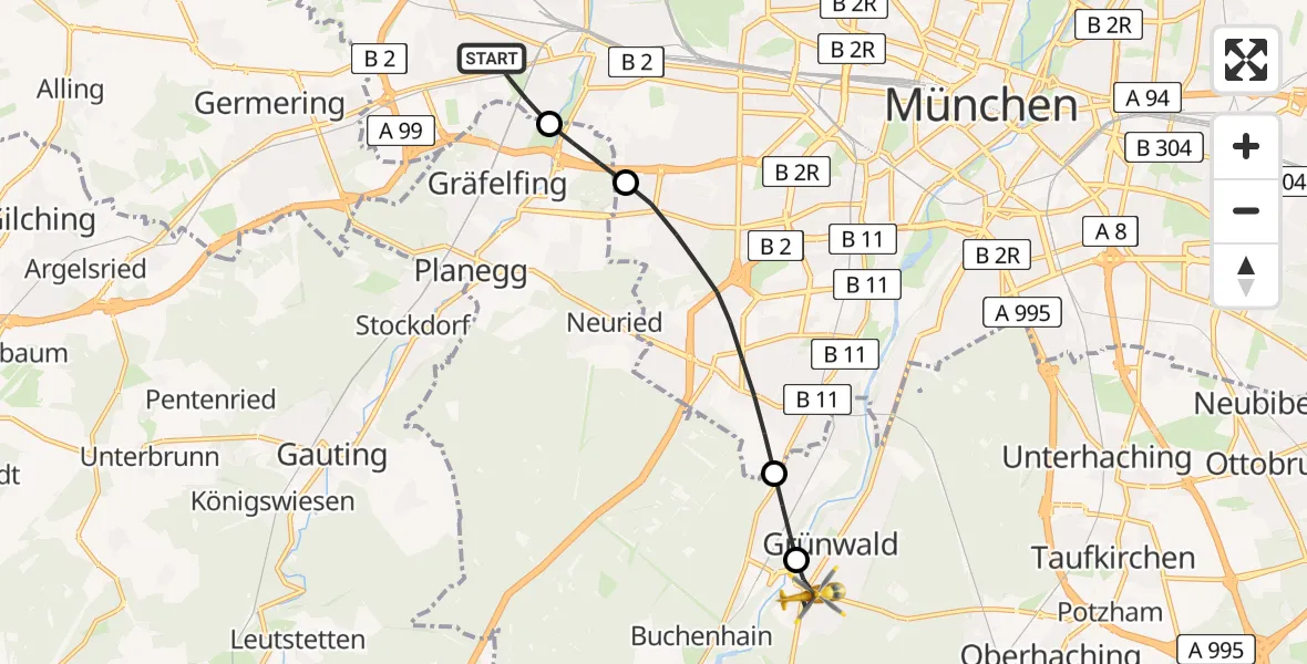 Flugroute Rettungshubschrauber München - Grünwald, 13 Juli 2026, 09:44