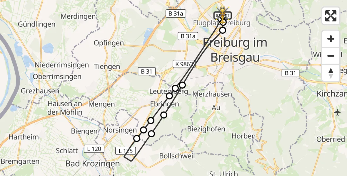 Flugroute Ambulanzhubschrauber Freiburg im Breisgau Flugplatz - Freiburg im Breisgau Flugplatz, 13 Juli 2026, 09:44