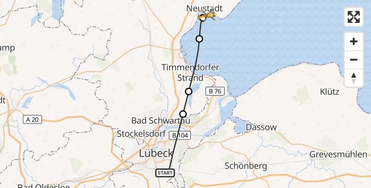 Flugroute Ambulanzhubschrauber Lübeck - Neustadt in Holstein, 13 Juli 2026, 09:50