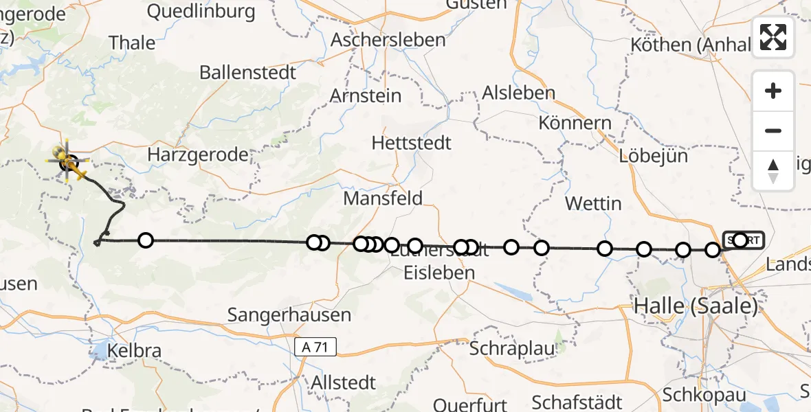 Flugroute Rettungshubschrauber Halle-Oppin Flugplatz - Südharz, 13 Juli 2026, 09:51