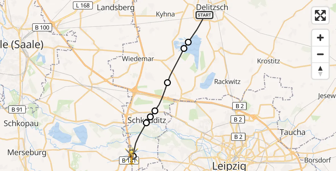 Flugroute Rettungshubschrauber Delitzsch - ADAC Air Rescue Station Leipzig/Schkeuditz-Dölzig Hubschrauberlandeplatz (Christoph 61), 13 Juli 2026, 09:51