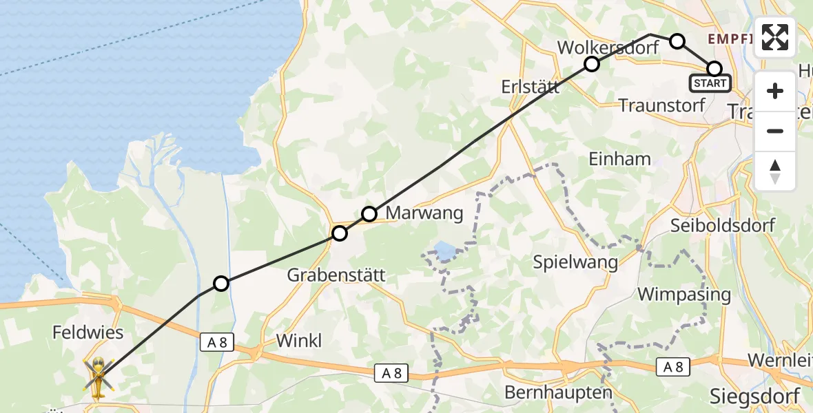 Flugroute Rettungshubschrauber Traunstein Hospital - Übersee, 13 Juli 2026, 09:54