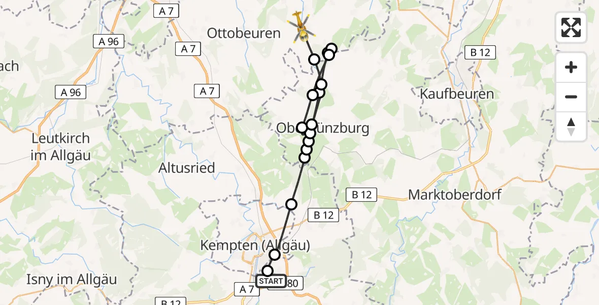 Flugroute Rettungshubschrauber Kempten-Durach Flugplatz - Markt Rettenbach, 13 Juli 2026, 10:09