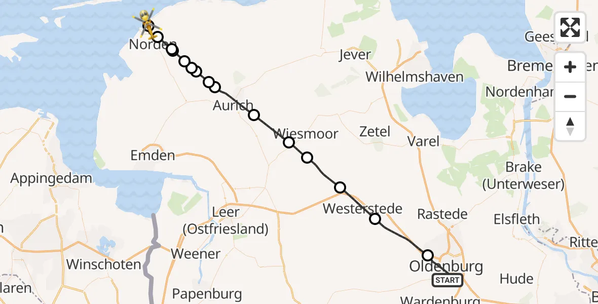 Flugroute Ambulanzhubschrauber Oldenburg (Oldb) - Norden-Norddeich Flughafen, 13 Juli 2026, 10:09
