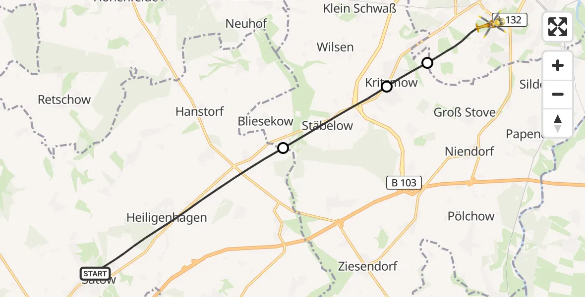Flugroute Ambulanzhubschrauber Satow - Rostock, 13 Juli 2026, 10:14