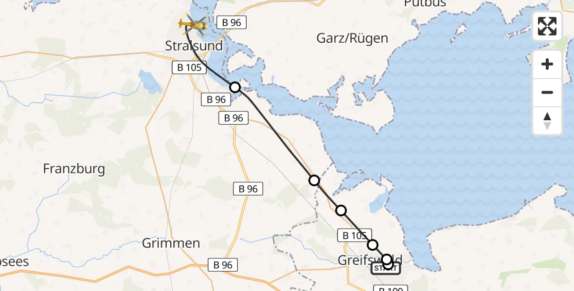 Flugroute Rettungshubschrauber Greifswald Hospital - Stralsund, 13 Juli 2026, 10:16