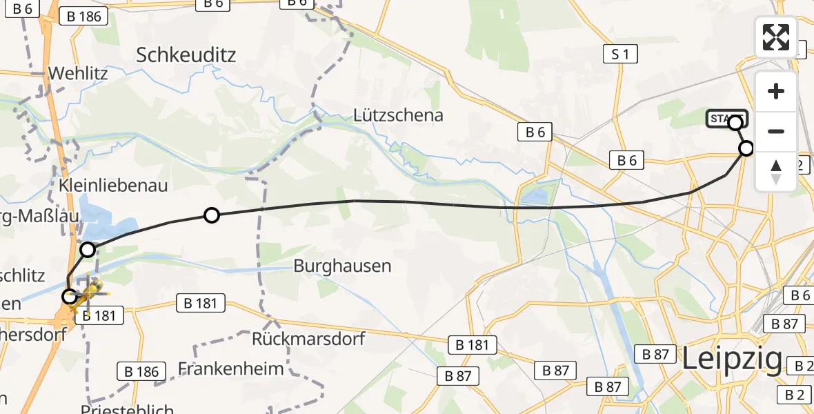 Flugroute Rettungshubschrauber Sankt Georg Hospital Leipzig Reserve - ADAC Air Rescue Station Leipzig/Schkeuditz-Dölzig Hubschrauberlandeplatz (Christoph 61), 13 Juli 2026, 10:16