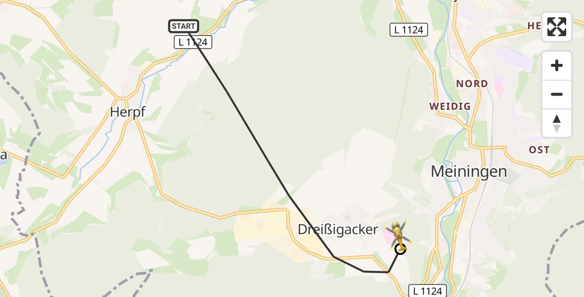 Flugroute Rettungshubschrauber Meiningen - Helios Clinic Meiningen, 13 Juli 2026, 10:20