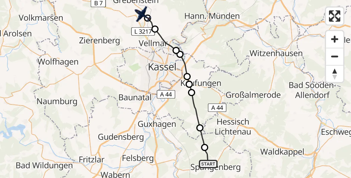 Flugroute Polizeiflugzeug Spangenberg - Grebenstein, 13 Juli 2026, 10:22