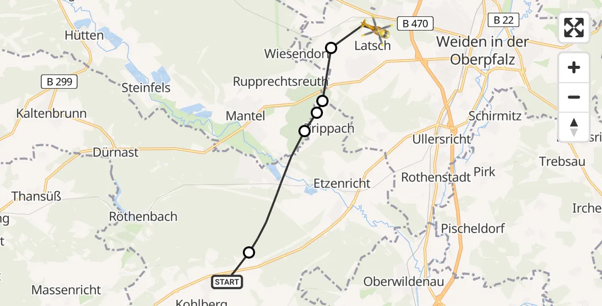 Flugroute Ambulanzhubschrauber Kohlberg - Weiden i.d.OPf., 13 Juli 2026, 10:22
