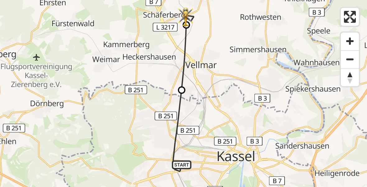 Flugroute Rettungshubschrauber Kassel - Espenau, 13 Juli 2026, 10:22