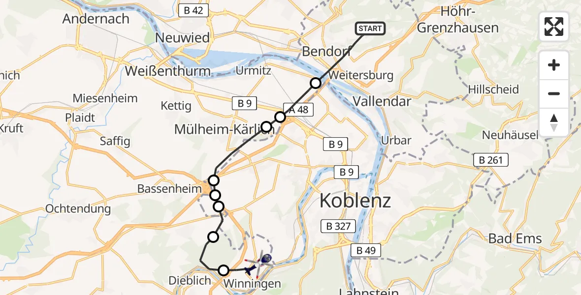 Flugroute Polizeihubschrauber Bendorf - Winningen, 13 Juli 2026, 10:23