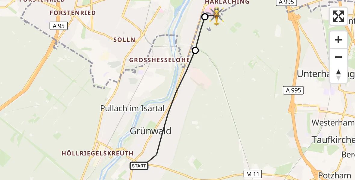 Flugroute Rettungshubschrauber Grünwald - ADAC Air Rescue Center Hubschrauberlandeplatz (Christoph 1), 13 Juli 2026, 10:24