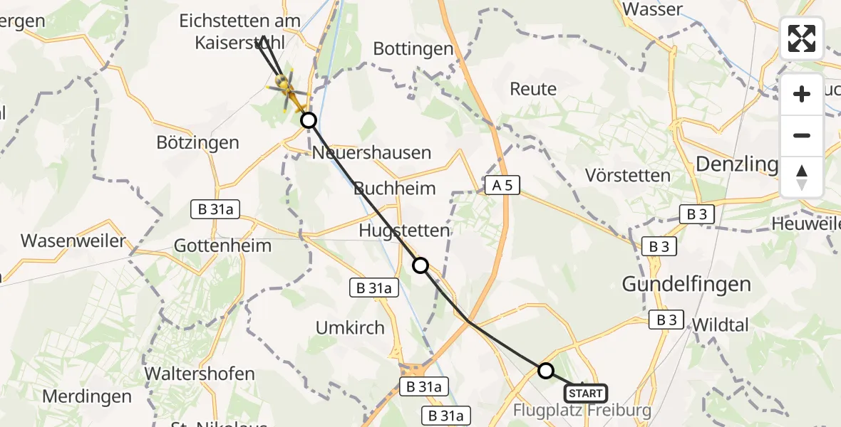 Flugroute Ambulanzhubschrauber Freiburg im Breisgau Flugplatz - Eichstetten am Kaiserstuhl, 13 Juli 2026, 10:29