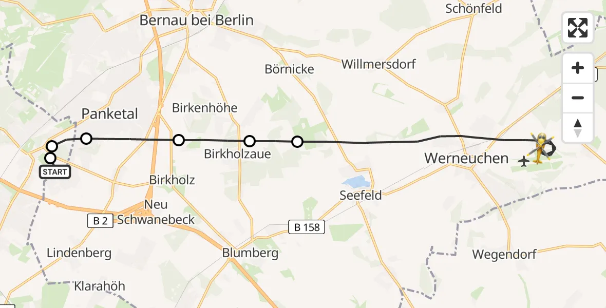 Flugroute Rettungshubschrauber Helios Clinic Berlin-Buch - Werneuchen, 13 Juli 2026, 10:32