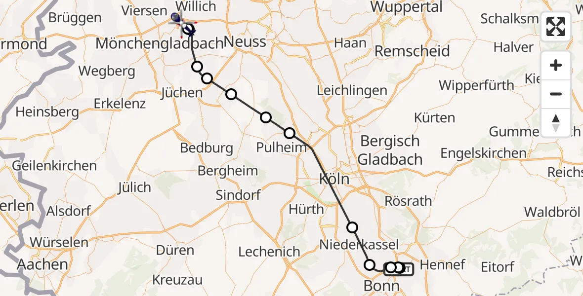 Flugroute Polizeihubschrauber Sankt Augustin - Mönchengladbach Flughafen, 13 Juli 2026, 10:33