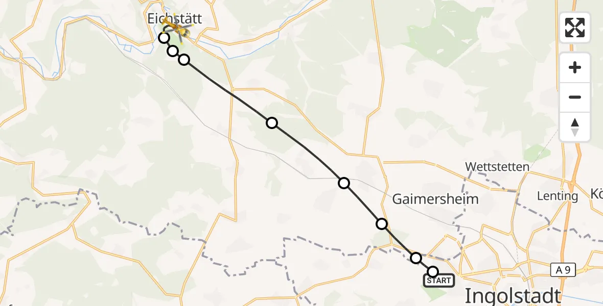 Flugroute Rettungshubschrauber Ingolstadt Hospital - Eichstätt, 13 Juli 2026, 10:35