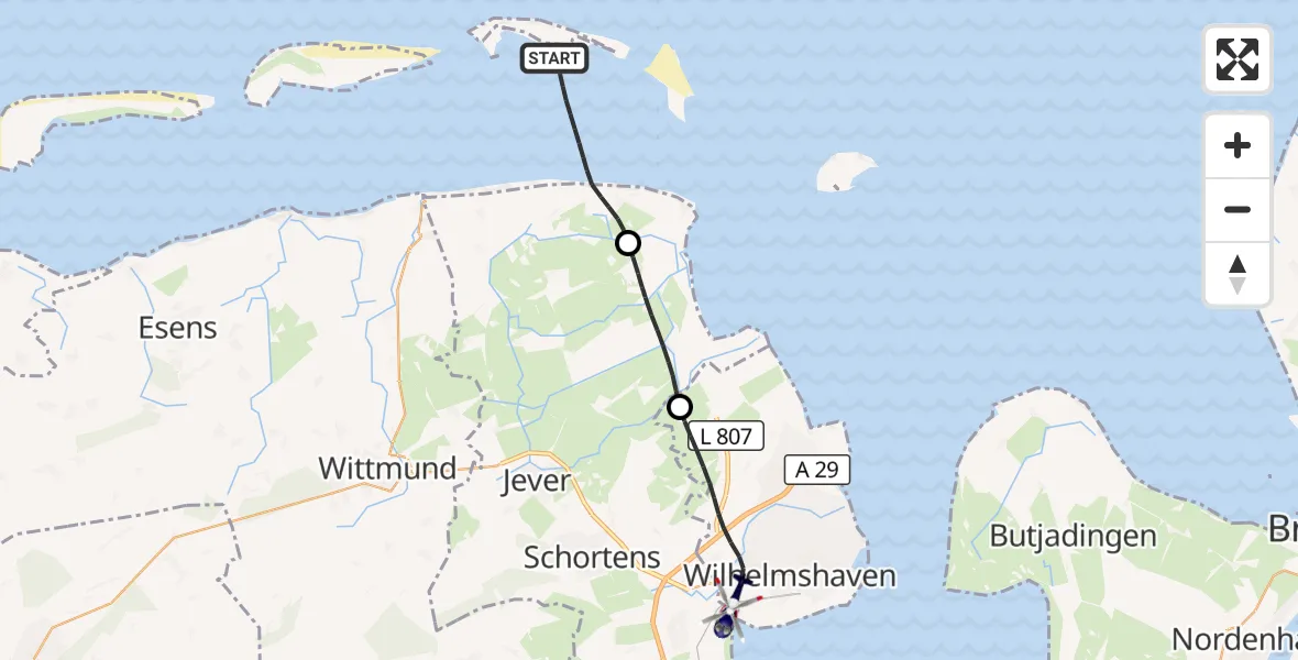 Flugroute Polizeihubschrauber Noordzee - Wilhelmshaven, 13 Juli 2026, 10:37
