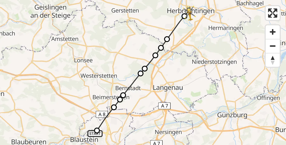 Flugroute Rettungshubschrauber Ulm Military Hospital Emergency - Herbrechtingen, 13 Juli 2026, 10:40