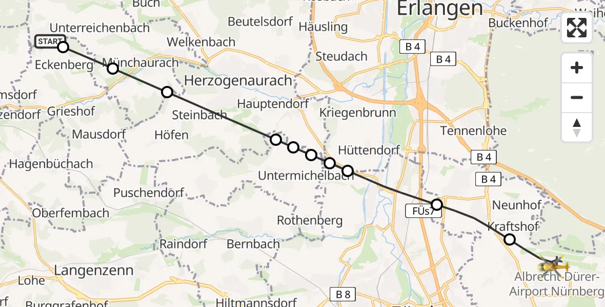 Flugroute Ambulanzhubschrauber Oberreichenbach - Flughafen Nuremberg, 13 Juli 2026, 10:41