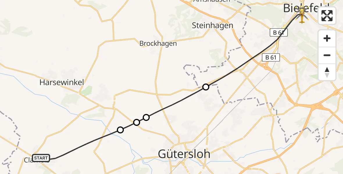Flugroute Rettungshubschrauber Herzebrock-Clarholz - Bielefeld, 13 Juli 2026, 10:44