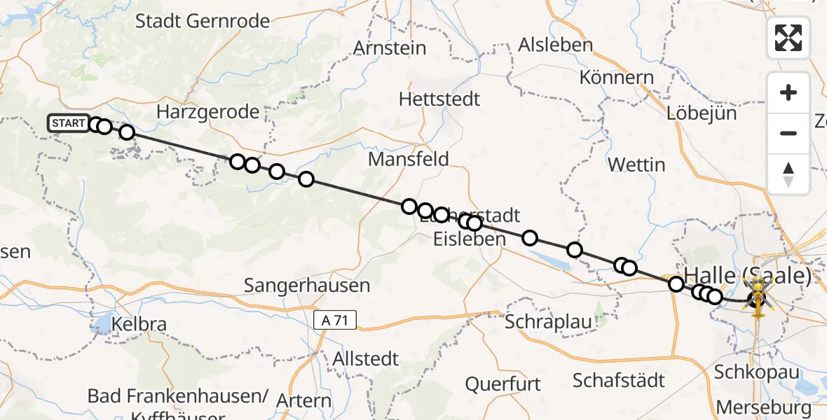 Flugroute Rettungshubschrauber Südharz - BG Hospital Bergmannstrost Halle, 13 Juli 2026, 10:45
