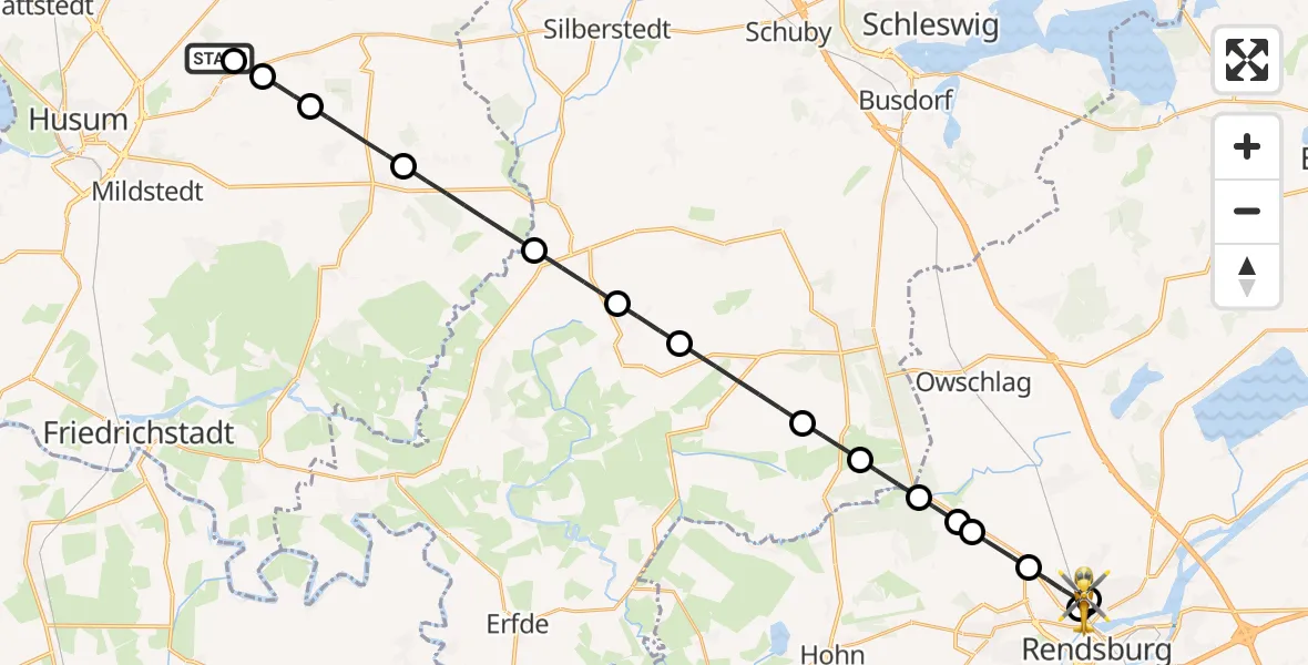 Flugroute Ambulanzhubschrauber Husum-Schwesing Flughafen - Büdelsdorf, 13 Juli 2026, 10:46