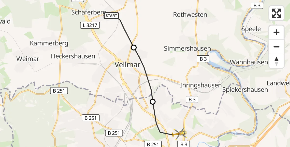 Flugroute Rettungshubschrauber Espenau - Kassel, 13 Juli 2026, 10:49