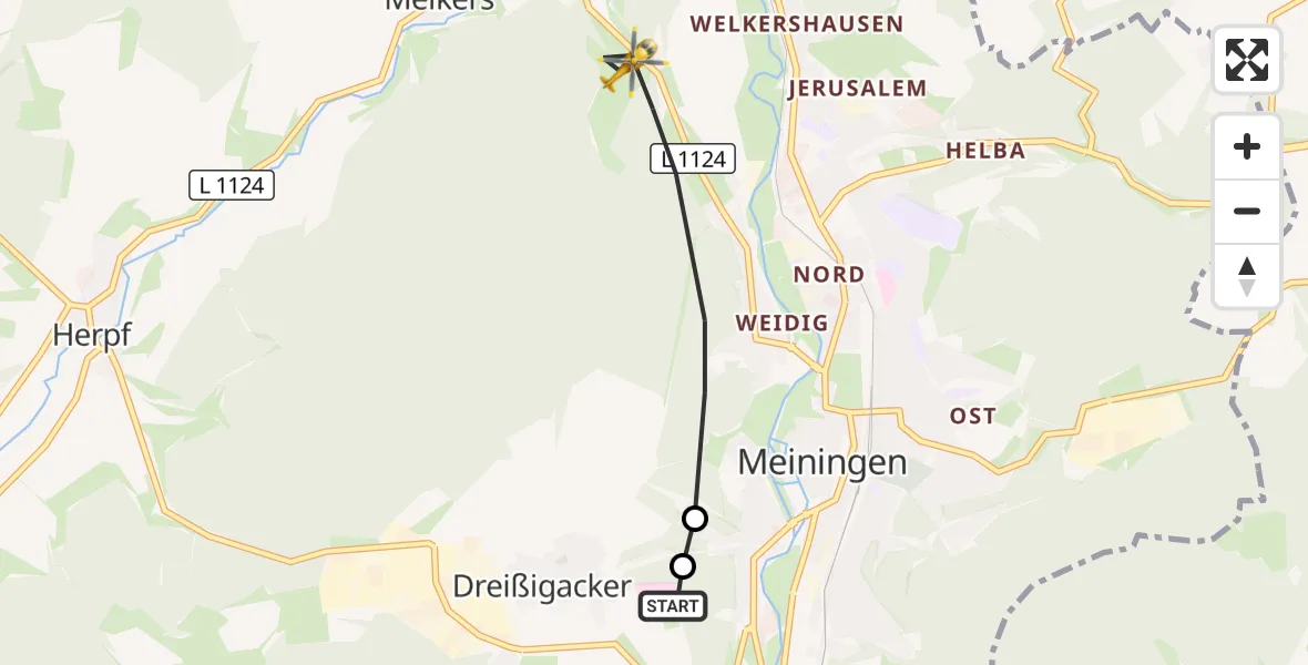 Flugroute Rettungshubschrauber Helios Clinic Meiningen - Meiningen, 13 Juli 2026, 10:53