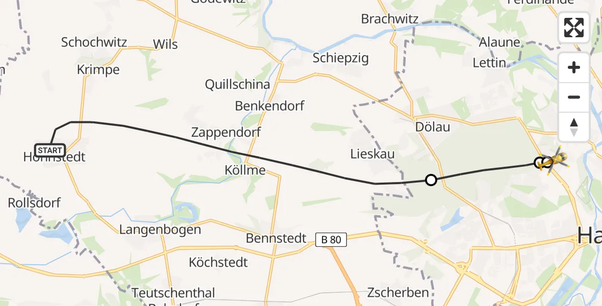 Flugroute Rettungshubschrauber Salzatal - Halle (Saale) University Hospital, 13 Juli 2026, 10:53
