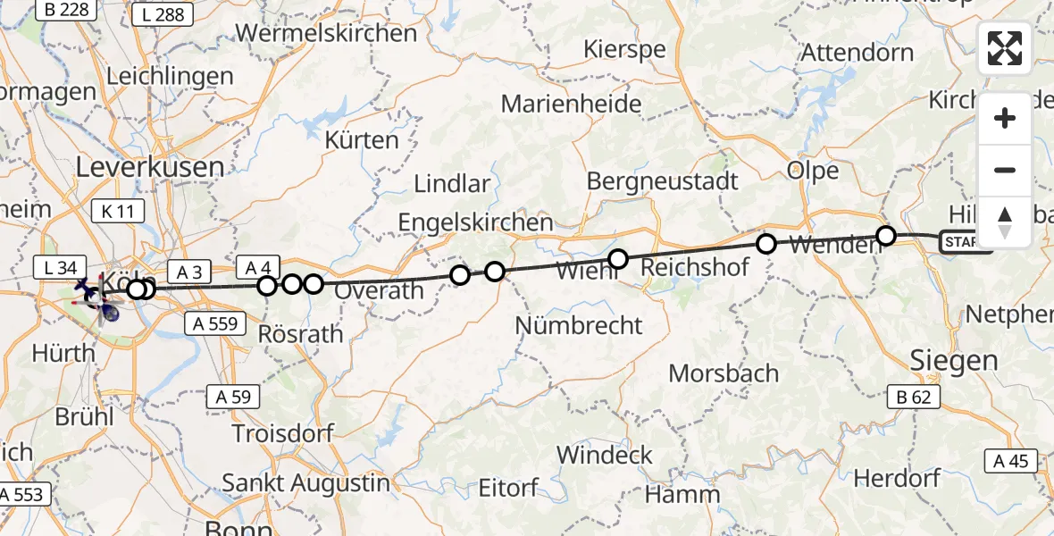 Flugroute Polizeihubschrauber Kreuztal - Köln University Hospital, 13 Juli 2026, 10:54