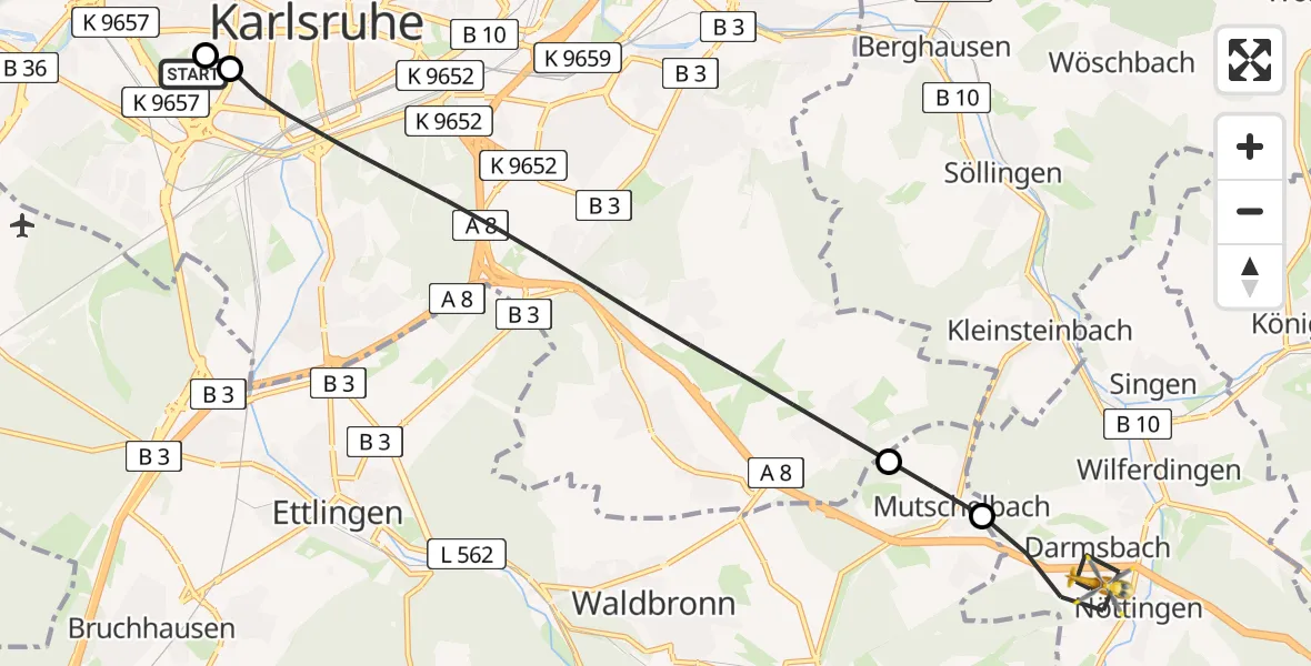 Flugroute Ambulanzhubschrauber Sankt Vincentius Hospital - Remchingen, 13 Juli 2026, 11:00